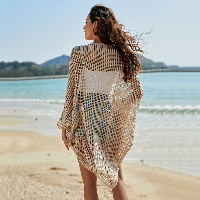 Color-Apricot-Knitted Beach Cover up Seaside Sexy Cutout Vacation Sun Protection Shawl Bikini Cover-Fancey Boutique