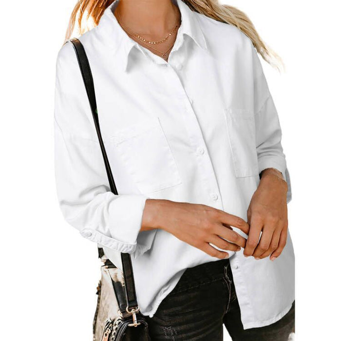 Color-White-Women Clothing Shirt Spring Autumn Loose Double Pocket Long Sleeve Casual Coat Shirt-Fancey Boutique