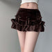 Color-Retro Brown Bow Bandage High Waist Velvet Skirt Cute Cute Curling Cake Miniskirt-Fancey Boutique