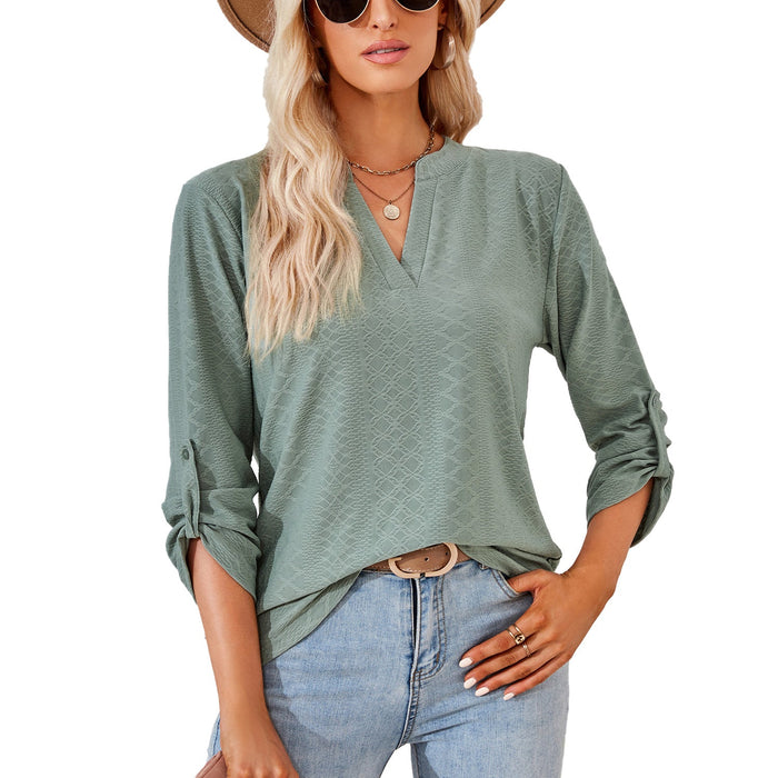 Color-Dark Green-Autumn Winter Solid Color V-neck Three-Quarter Sleeve Button Loose-Fitting T-shirt Top Women-Fancey Boutique