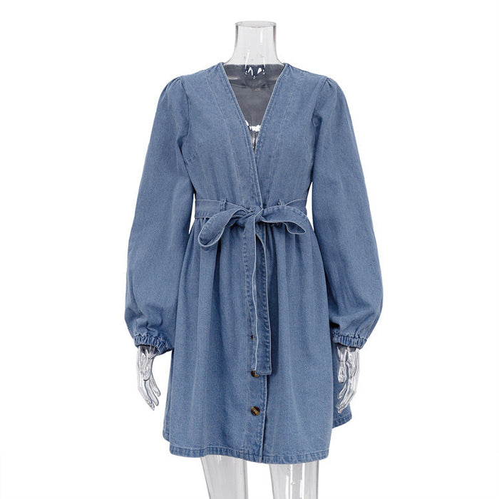 Color-Blue-Women'Autumn Winter V neck Long Sleeved Denim Dress High Waist A line Dress-Fancey Boutique