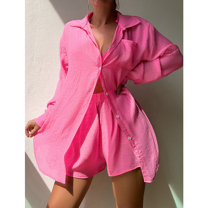 Color-Beach Vacation Solid Color Shirt Suit Sexy Loose Sun Protective Clothing Casual Beach Swimsuit Blouse-Fancey Boutique