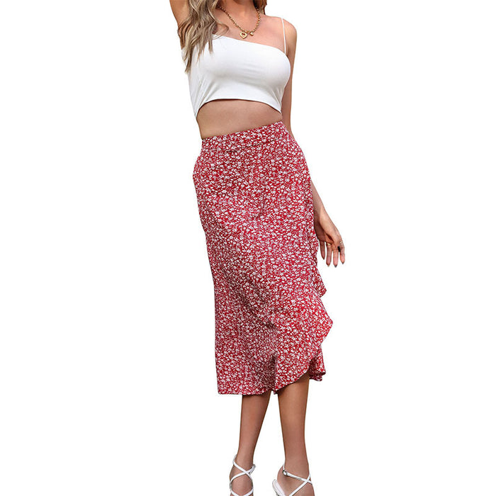 Color-Summer Floral Skirt Red Printed Irregular Asymmetric Skirt-Fancey Boutique