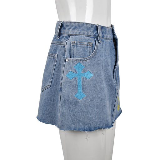 Color-Blue-Women Clothing Spring Summer Denim Tassel Criss Cross Stitch Floral Skirt-Fancey Boutique