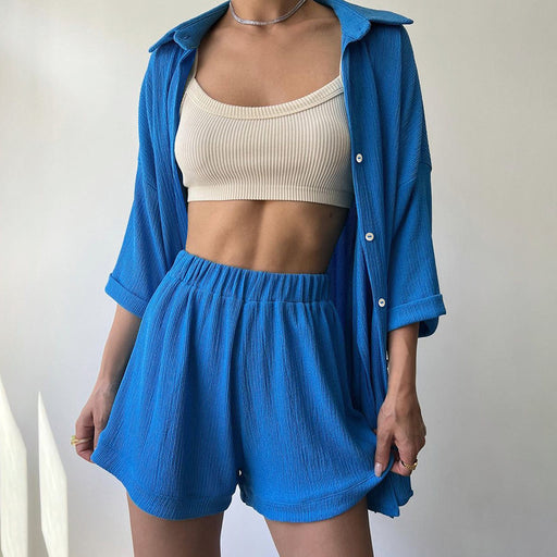 Color-Outdoor Breathable Solid Color Long Sleeve Shorts Pajamas Two Piece Set Autumn Home Wear Women-Fancey Boutique