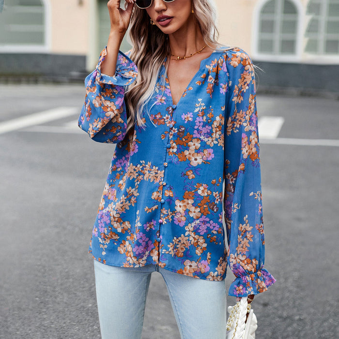 Color-Blue-Design Long Sleeved Shirt Women Autumn Elegant Floral Shirt-Fancey Boutique