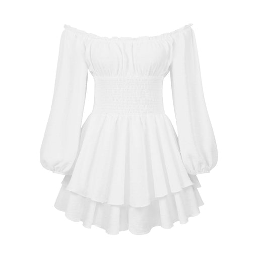 Color-White-Summer High Grade Women Pleated Neck Long Sleeve Casual Ruffled French Romper-Fancey Boutique