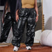 Color-Metallic Coated Fabric Women Casual Pants Solid Color Three Dimensional Pocket Pleated Overalls-Fancey Boutique