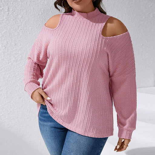 Color-Plus Size Women Clothes Autumn Winter Texture Knitted Long Sleeve Half Turtleneck Off Shoulder T Shirt Top-Fancey Boutique