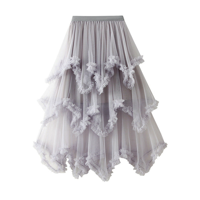 Color-Wooden Ear Irregular Asymmetric Mesh Tiered Skirt Mid Length High Waist Big Swing Puffy Fairy Gauze Dress Long Skirt-Fancey Boutique