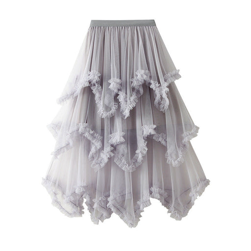 Color-Gray-Wooden Ear Irregular Asymmetric Mesh Tiered Skirt Mid Length High Waist Big Swing Puffy Fairy Gauze Dress Long Skirt-Fancey Boutique