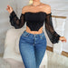 Color-Sexy off the Shoulder Square Collar Top Women Mesh See through Stitching Slim Fit Slimming Long Sleeves Sexy Boning Corset Bra-Fancey Boutique