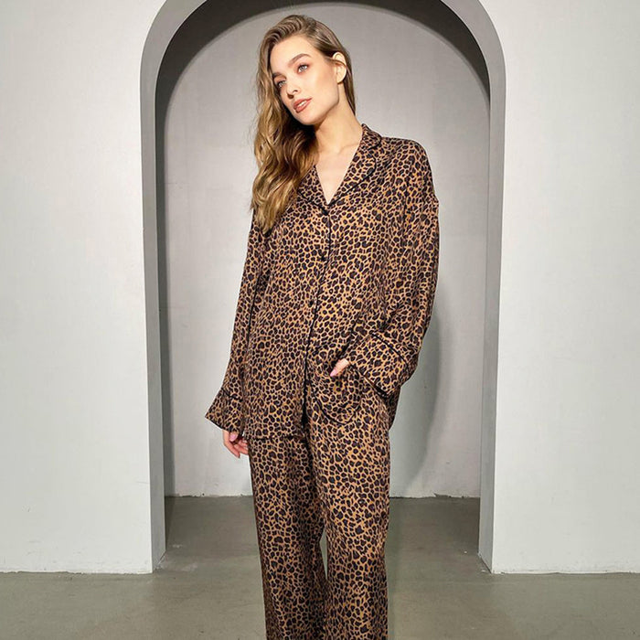 Color-Leopard Print Shirt Long Sleeved Trousers Pajamas Two Piece Set Home Wear-Fancey Boutique