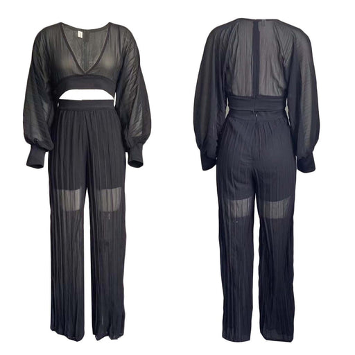 Color-Black-Long Sleeved V neck Top Wide Leg Pants Suit Pleated Wide Leg Pants Two Piece Suit-Fancey Boutique