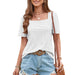 Color-White-Summer Women Clothing Square Neck T Shirt Mesh Hollow Out Cutout Out Short Sleeved Casual Top-Fancey Boutique