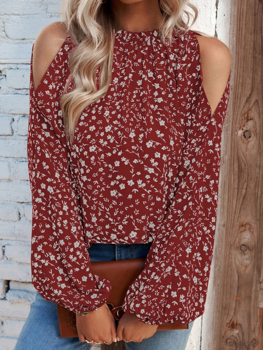 Color-Burgundy-Women Printed Shirt Floral Long Sleeve Women Fresh Sweet Lotus Leaf Top-Fancey Boutique