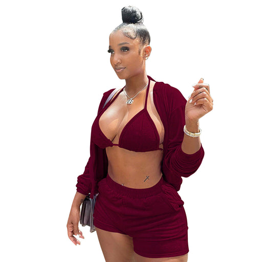 Color-Burgundy-Women Clothing Solid Color Vest Cardigan Shorts Sexy Three Piece Suit-Fancey Boutique