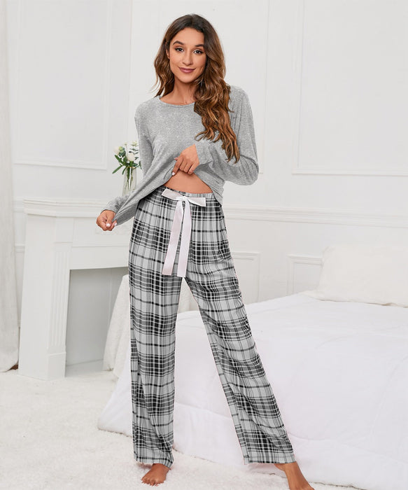 Color-Solid Color round Neck T Printed Checks Women Casual Suit Homewear Pajamas Women-Fancey Boutique