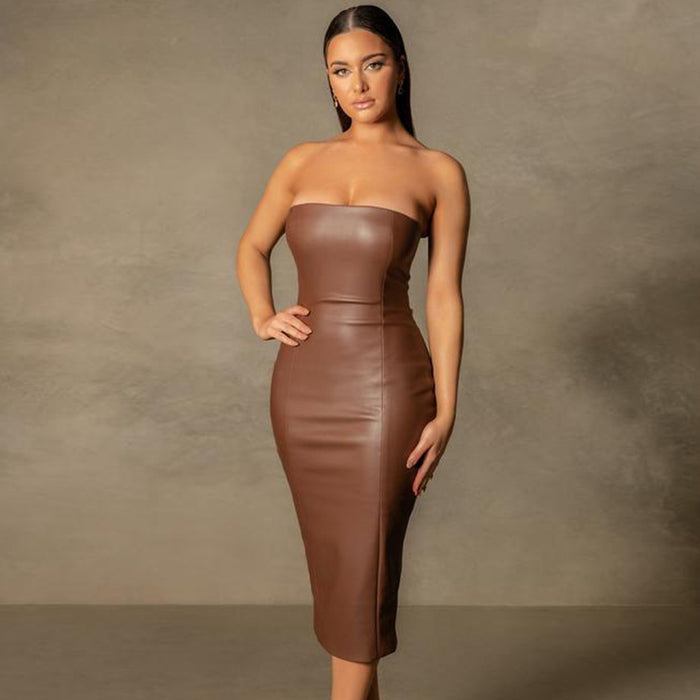 Color-Autumn Winter Solid Color Faux Leather Elegant Slim-Fit Tube Top Back Slit Sexy Midi Dress-Fancey Boutique