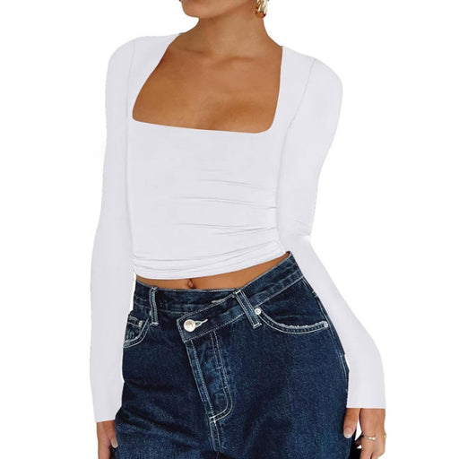 Color-White-Square Collar Cropped Casual Simple T shirt Sexy Slim Long Sleeve Bottoming Top for Women-Fancey Boutique