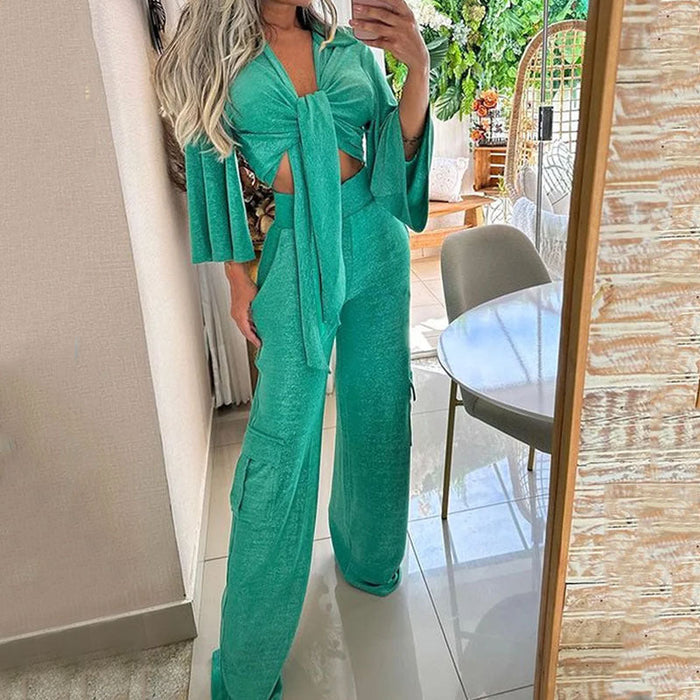 Color-Women Wear Suit Summer Casual Lace Up Top Loose Trousers Two Piece Suit-Fancey Boutique