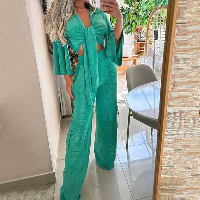 Color-Green-Women Wear Suit Summer Casual Lace Up Top Loose Trousers Two Piece Suit-Fancey Boutique