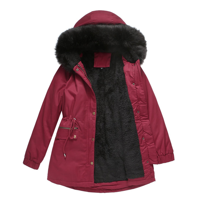 Color-Burgundy-Autumn Winter Parka Women Fleece Lined Coat Women with Fur Collar Hooded Warm Jacket Loose Cotton Coat Plus Size-Fancey Boutique