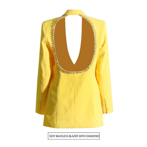 Color-Yellow-Fall Sexy Backless Diamond Design with Diamond Loose Profile Slimming Blazer Women-Fancey Boutique