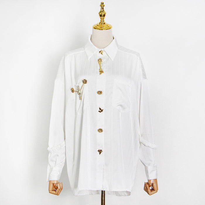 Color-White-Retro Cardigan Women Top Spring Striped Metal Buckle Collared Loose Thin Shirt-Fancey Boutique