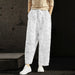 Color-Summer Cotton Linen Embroidery Tie Neck Casual Women Pants Cropped Elastic Waist-Fancey Boutique