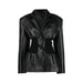 Color-Black-Niche Design Model Faux Leather Jacket Patchwork Knitted Super Tight Waist Contour-Fancey Boutique