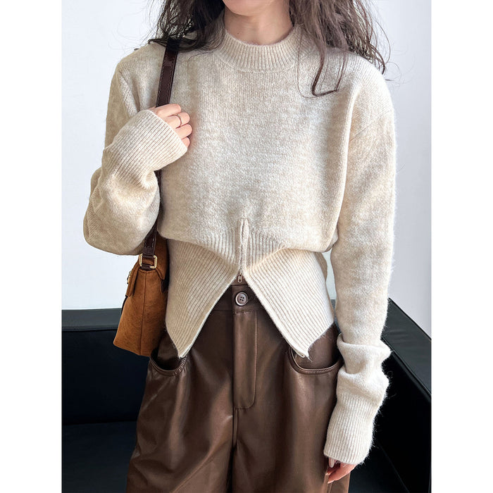 Color-Autumn Short Zipper Sweater Western High Sense Special-Interest Design round Neck Pullover Top-Fancey Boutique