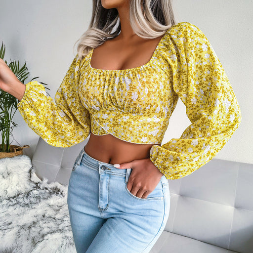 Color-Lantern Sleeve Bow Floral Chiffon Shirt Vacation Cropped Top Women Clothing-Fancey Boutique