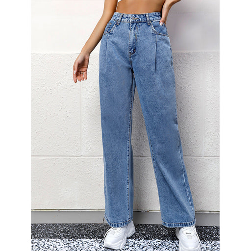 Color-Women Clothing Casual Wide Leg Loose Slimming High Waist Straight Leg Denim Trousers-Fancey Boutique