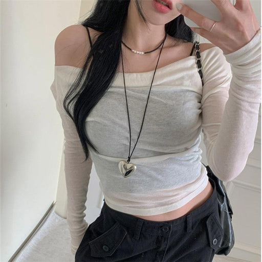 Color-Multiple Wear Swing Collar Solid Color Thin Bottoming Shirt Women Autumn Slim Fit Pullover Micro Transparent Long Sleeve T Shirt-Fancey Boutique