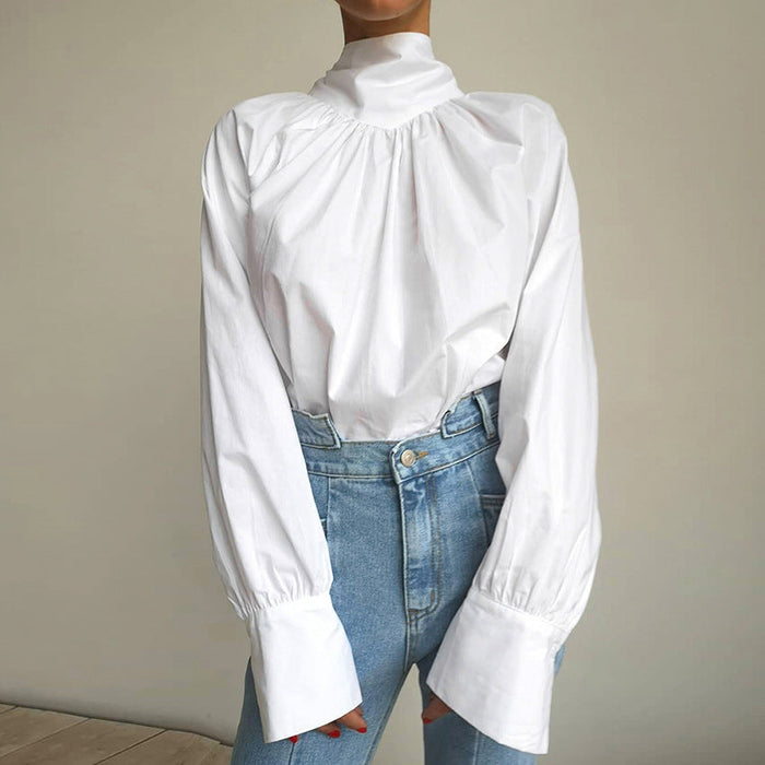 Color-White-Fall Bowknot Shirt Women French Turtleneck Stand Collar Niche Women White Shirt Top-Fancey Boutique