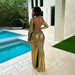 Color-Summer Solid Color Metallic Coated Fabric Round Neck Long Sleeve Narrow Backless Long Glossy Dress-Fancey Boutique