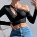 Color-Sexy Hollow Out Cutout Sexy Exposed Cropped Solid Color Cross Knotted Short Slim Long Sleeve Top Women-Fancey Boutique