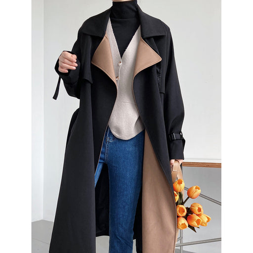 Color-Black-Elegant Stitching Contrast Color Trench Coat Women Mid-Length over-the-Knee Large Collared Waist-Controlled Overcoat-Fancey Boutique