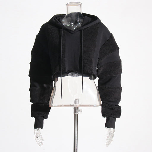 Color-Black-Casual Sweater Autumn Niche Design Lamb Wool Short Stitching Hooded Top for Women-Fancey Boutique