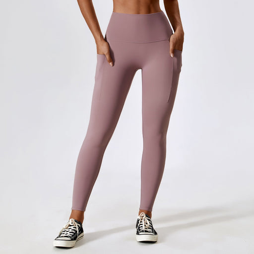 Color-Lavender-Wear Tight Nude Feel Yoga Pants Pocket Belly Contracting Hip Lifting Fitness High Waist Running Sports Leggings-Fancey Boutique