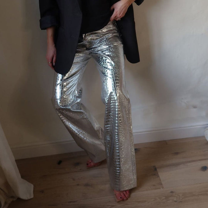 Color-Metallic Coated Fabric Autumn Winter Silver Pants Scale Pattern High Waist Long Straight Pants for Women-Fancey Boutique