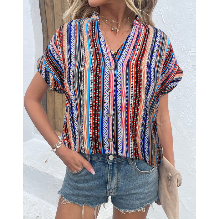 Color-Summer Shirt Striped Button Short Sleeve Shirt Women Loose Fitting Women Lining-Fancey Boutique