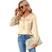 Color-Gold-Women Satin Pleated Long Sleeved Top V Neck Casual Loose Work Office Satin Shirt-Fancey Boutique