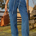 Color-Denim Drawstring Adjustable Washed Cargo Pants Trousers Casual Pants Women-Fancey Boutique