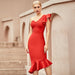Color-Red New Dress One-Sleeve Ruffled Hem Sleeves Bandage Dress Elegant Annual Party Evening Dress-Fancey Boutique