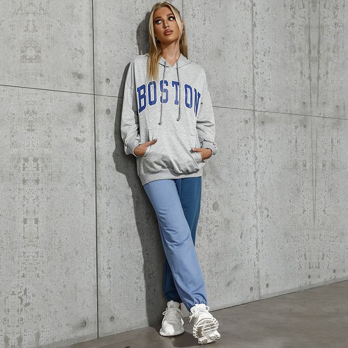 Color-Gray-Autumn Casual Hooded Letters for Women-Fancey Boutique