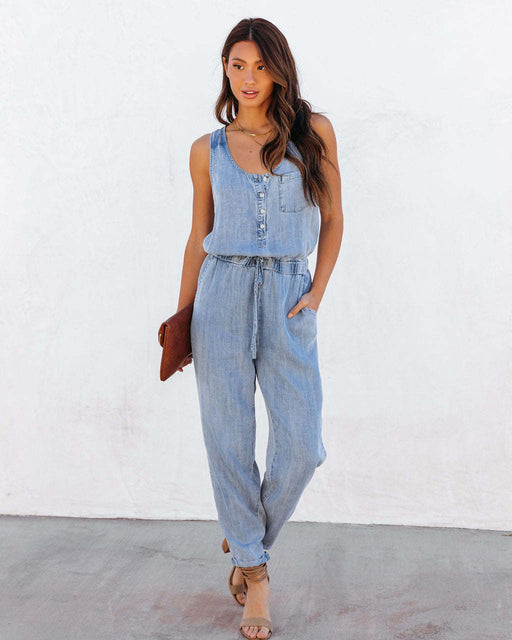 Color-Light Blue-Spring Summer Women Clothing Eaby Loose Sleeveless Women Denim Jumpsuit-Fancey Boutique