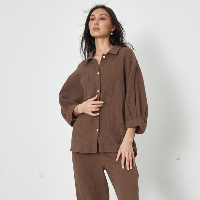 Color-Comfortable Skin Friendly Winter Pajamas Women Bubble Wrinkle Cotton Lantern Sleeve Home Wear Can Be Worn outside-Fancey Boutique