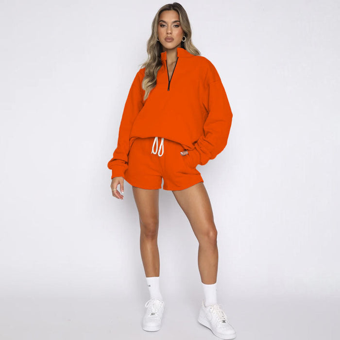 Color-Orange-Autumn Winter Solid Color Stand Collar Zipper Pullover Long Sleeve Sweater Women Shorts Set-Fancey Boutique